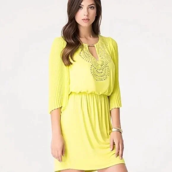 bebe neon dress BEBE Dress Women's SMALL Sleeveless Beaded Neon Yellow
